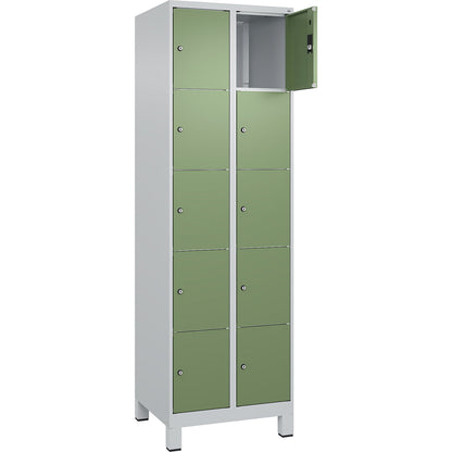 Classic PLUS 5-fold compartment locker, 2 compartments, light grey/reseda green, W 600 mm, 10 compartments, with feet.