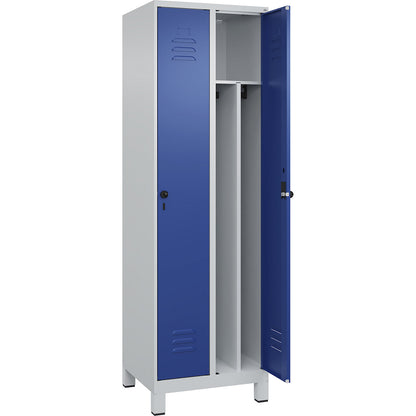Classic PLUS clean and dirty clothes locker, narrow, 2 compartments, shortened centre divider, light grey/gentian blue, W 600 mm, with feet, rotary bolt, centre partition.