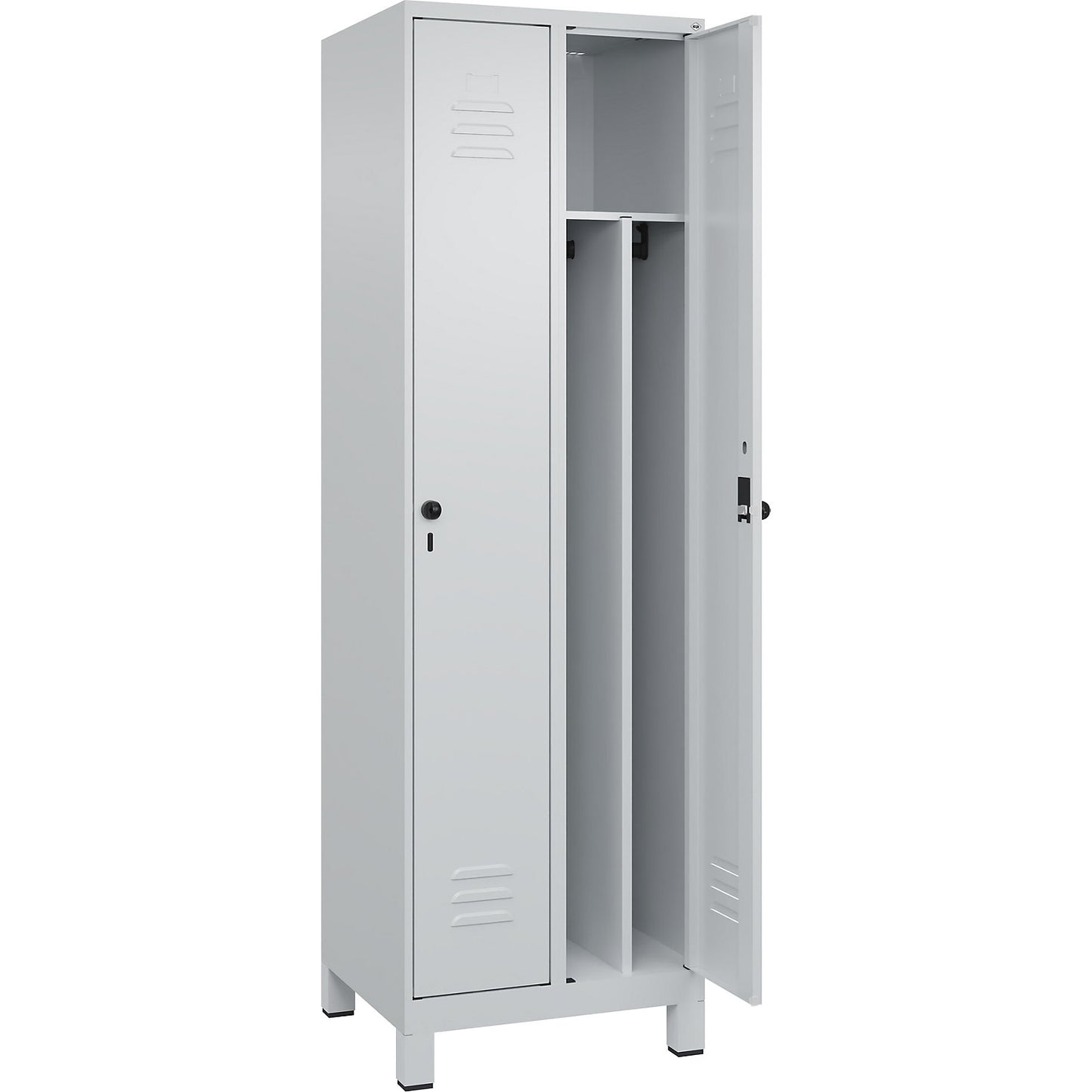 Classic PLUS clean and dirty clothes locker, narrow, 2 compartments, shortened centre divider, light grey, W 600 mm, with feet, rotary bolt, centre partition.