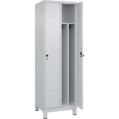 Classic PLUS clean and dirty clothes locker, narrow, 2 compartments, shortened centre divider, light grey, W 600 mm, with feet, rotary bolt, centre partition.