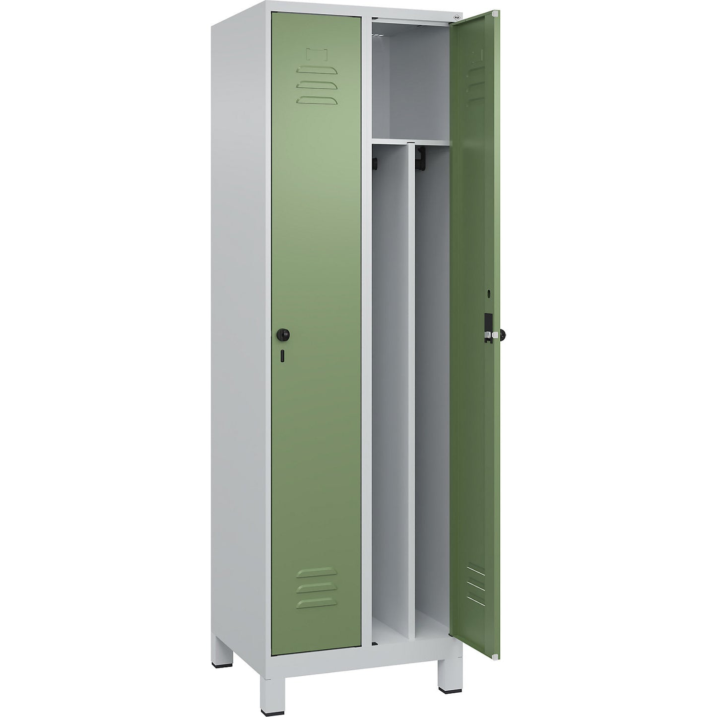 Classic PLUS clean and dirty clothes locker, narrow, 2 compartments, shortened centre divider, light grey/reseda green, W 600 mm, with feet, rotary bolt, centre partition.