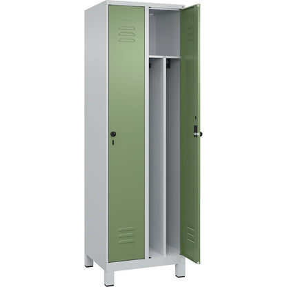 Classic PLUS clean and dirty clothes locker, narrow, 2 compartments, shortened centre divider, light grey/reseda green, W 600 mm, with feet, rotary bolt, centre partition.