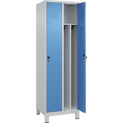 Classic PLUS clean and dirty clothes locker, narrow, 2 compartments, shortened centre divider, light grey/light blue, W 600 mm, with feet, rotary bolt, centre partition.