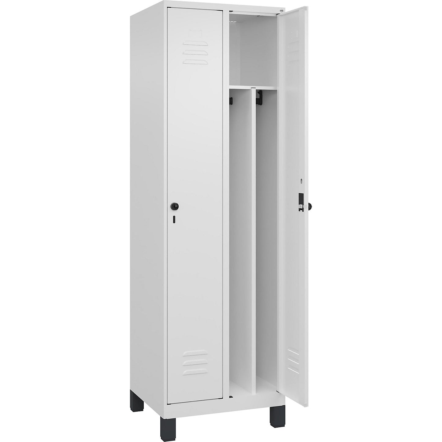 Classic PLUS clean and dirty clothes locker, narrow, 2 compartments, shortened centre divider, traffic white, W 600 mm, with feet, rotary bolt, centre partition.
