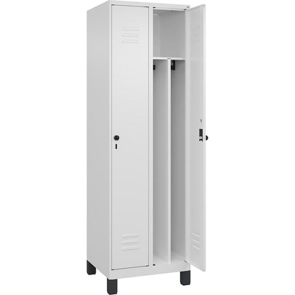 Classic PLUS clean and dirty clothes locker, narrow, 2 compartments, shortened centre divider, traffic white, W 600 mm, with feet, rotary bolt, centre partition.
