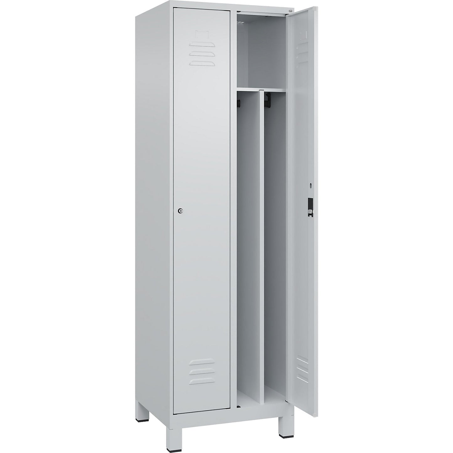 Classic PLUS clean and dirty clothes locker, narrow, 2 compartments, shortened centre divider, light grey, W 600 mm, with feet, cylinder lock, centre partition.