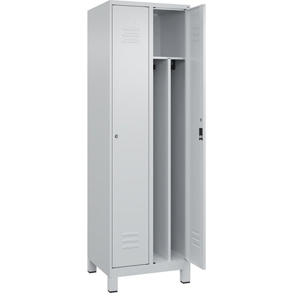 Classic PLUS clean and dirty clothes locker, narrow, 2 compartments, shortened centre divider, light grey, W 600 mm, with feet, cylinder lock, centre partition.