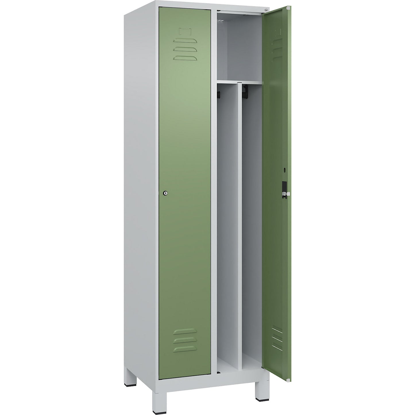 Classic PLUS clean and dirty clothes locker, narrow, 2 compartments, shortened centre divider, light grey/reseda green, W 600 mm, with feet, cylinder lock, centre partition.