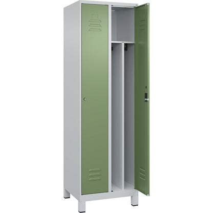 Classic PLUS clean and dirty clothes locker, narrow, 2 compartments, shortened centre divider, light grey/reseda green, W 600 mm, with feet, cylinder lock, centre partition.