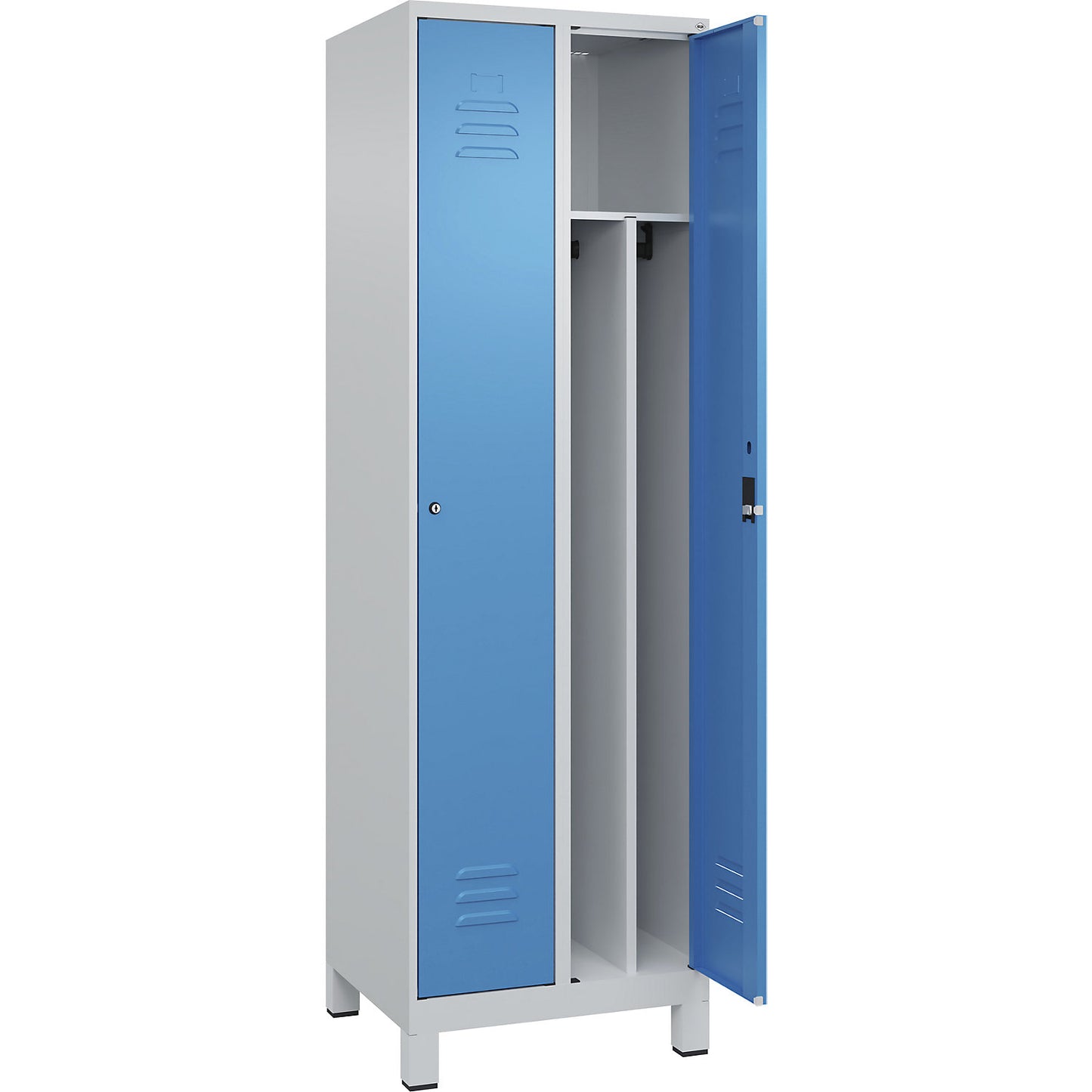 Classic PLUS clean and dirty clothes locker, narrow, 2 compartments, shortened centre divider, light grey/light blue, W 600 mm, with feet, cylinder lock, centre partition.