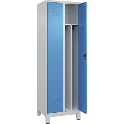 Classic PLUS clean and dirty clothes locker, narrow, 2 compartments, shortened centre divider, light grey/light blue, W 600 mm, with feet, cylinder lock, centre partition.