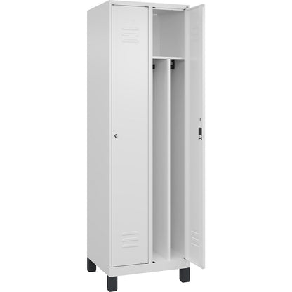 Classic PLUS clean and dirty clothes locker, narrow, 2 compartments, shortened centre divider, traffic white, W 600 mm, with feet, cylinder lock, centre partition.