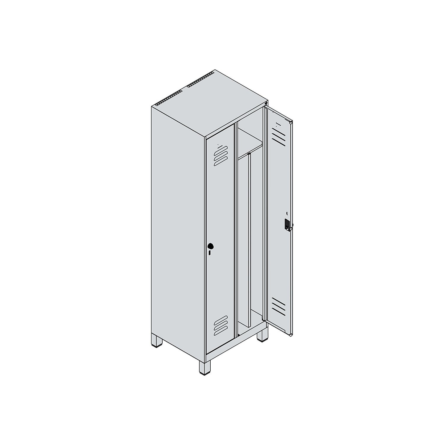 Classic PLUS clean and dirty clothes locker, narrow, 2 compartments, shortened centre divider, traffic white, W 600 mm, with feet, rotary bolt, centre partition.