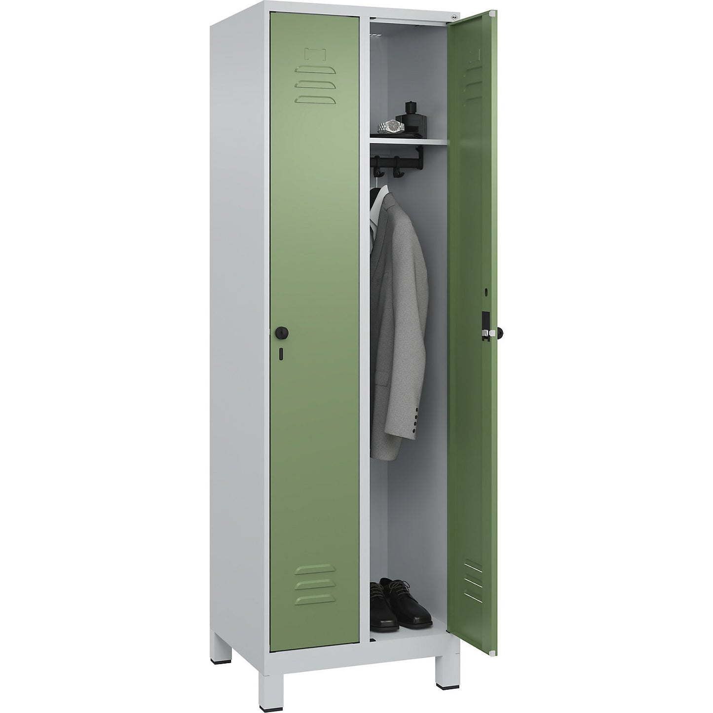 Classic PLUS clothes locker, 2 compartments, light grey/reseda green, W 600 mm, with feet, rotary bolt.