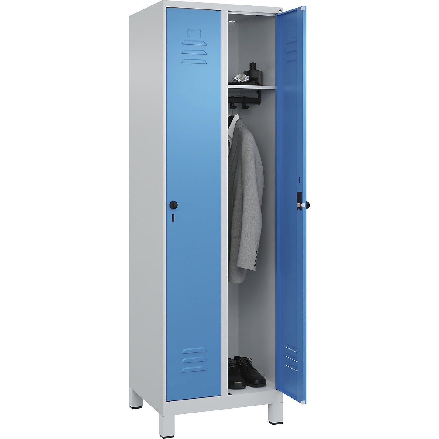 Classic PLUS clothes locker, 2 compartments, light grey/light blue, W 600 mm, with feet, rotary bolt.
