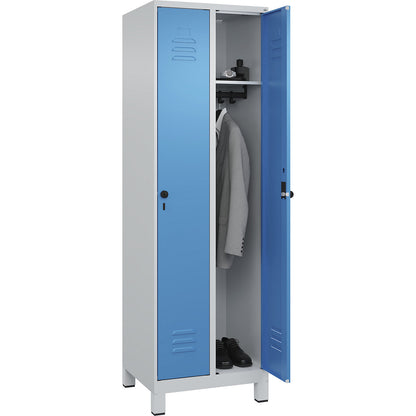 Classic PLUS clothes locker, 2 compartments, light grey/light blue, W 600 mm, with feet, rotary bolt.