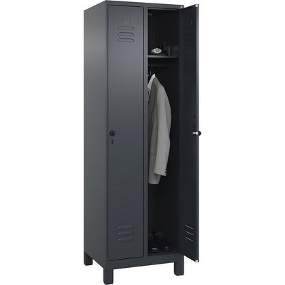 Classic PLUS clothes locker, 2 compartments, grey, W 600 mm, with feet, rotary bolt.