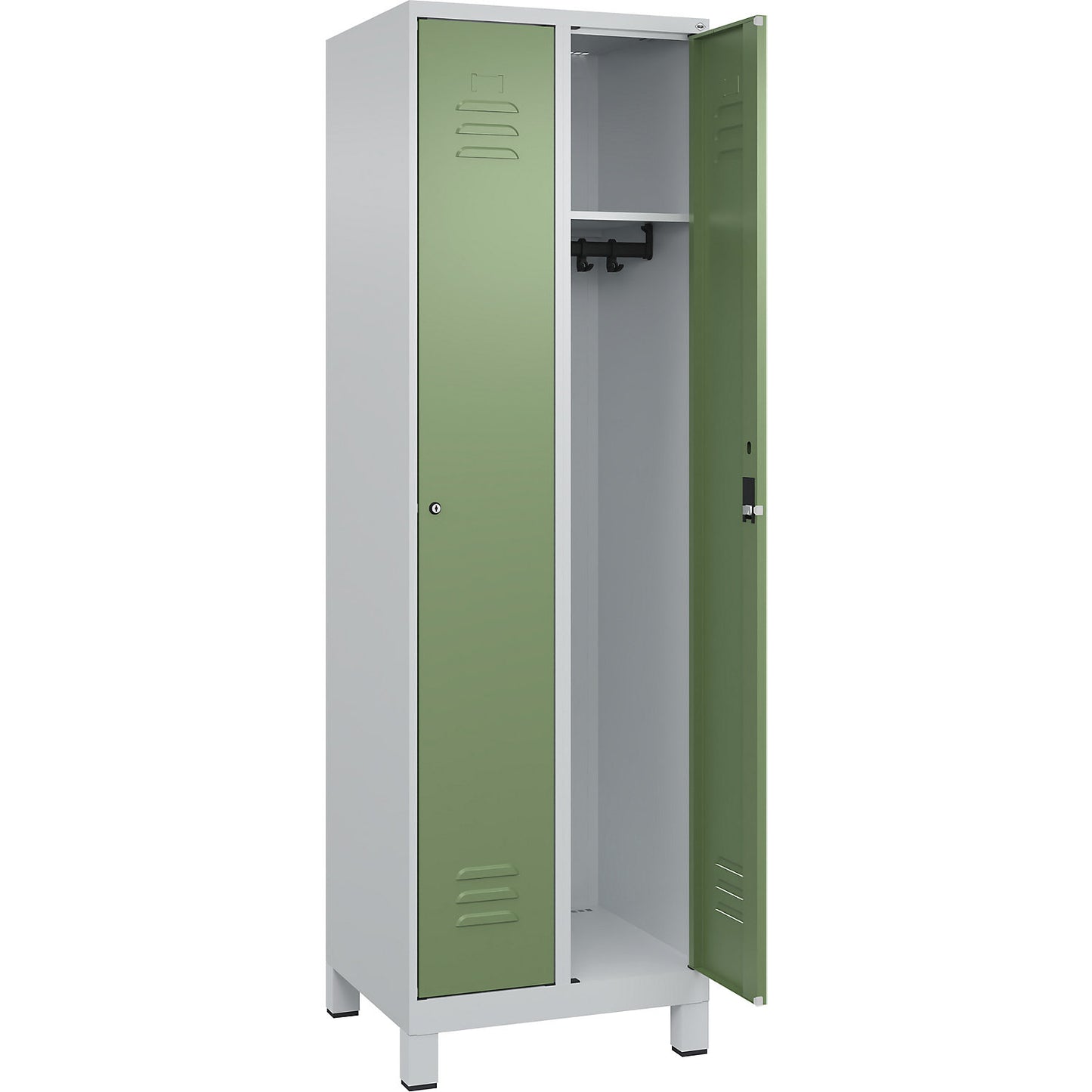 Classic PLUS clothes locker, 2 compartments, light grey/reseda green, W 600 mm, with feet, cylinder lock.