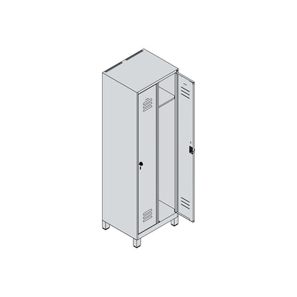 Classic PLUS clothes locker, 2 compartments, light grey/reseda green, W 600 mm, with feet, rotary bolt.