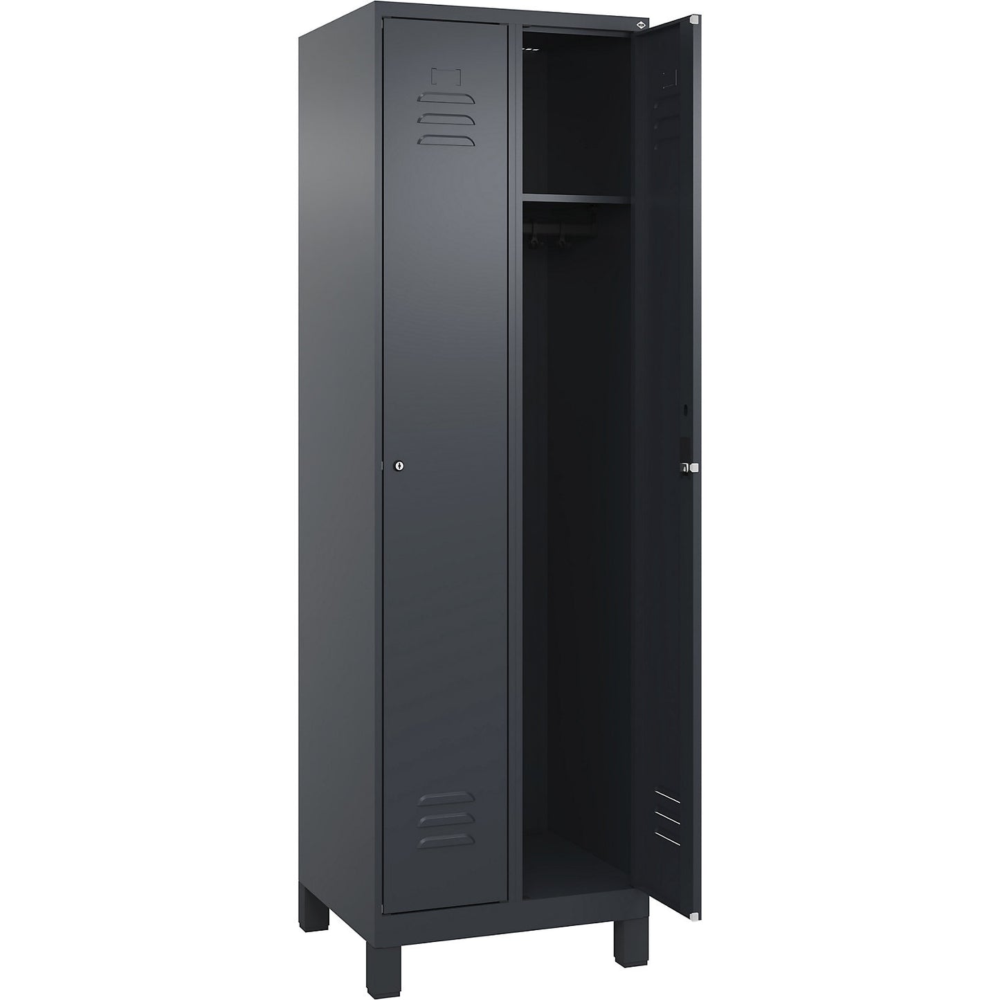 Classic PLUS clothes locker, 2 compartments, grey, W 600 mm, with feet, cylinder lock.