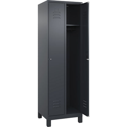 Classic PLUS clothes locker, 2 compartments, grey, W 600 mm, with feet, cylinder lock.
