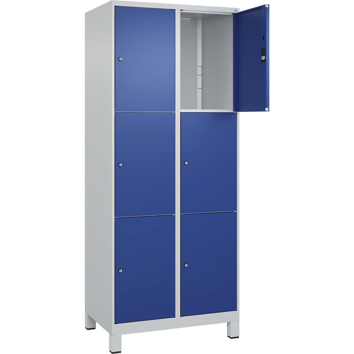 Classic PLUS 3-fold compartment locker, 2 compartments, light grey/gentian blue, W 800 mm, 6 compartments, with feet.