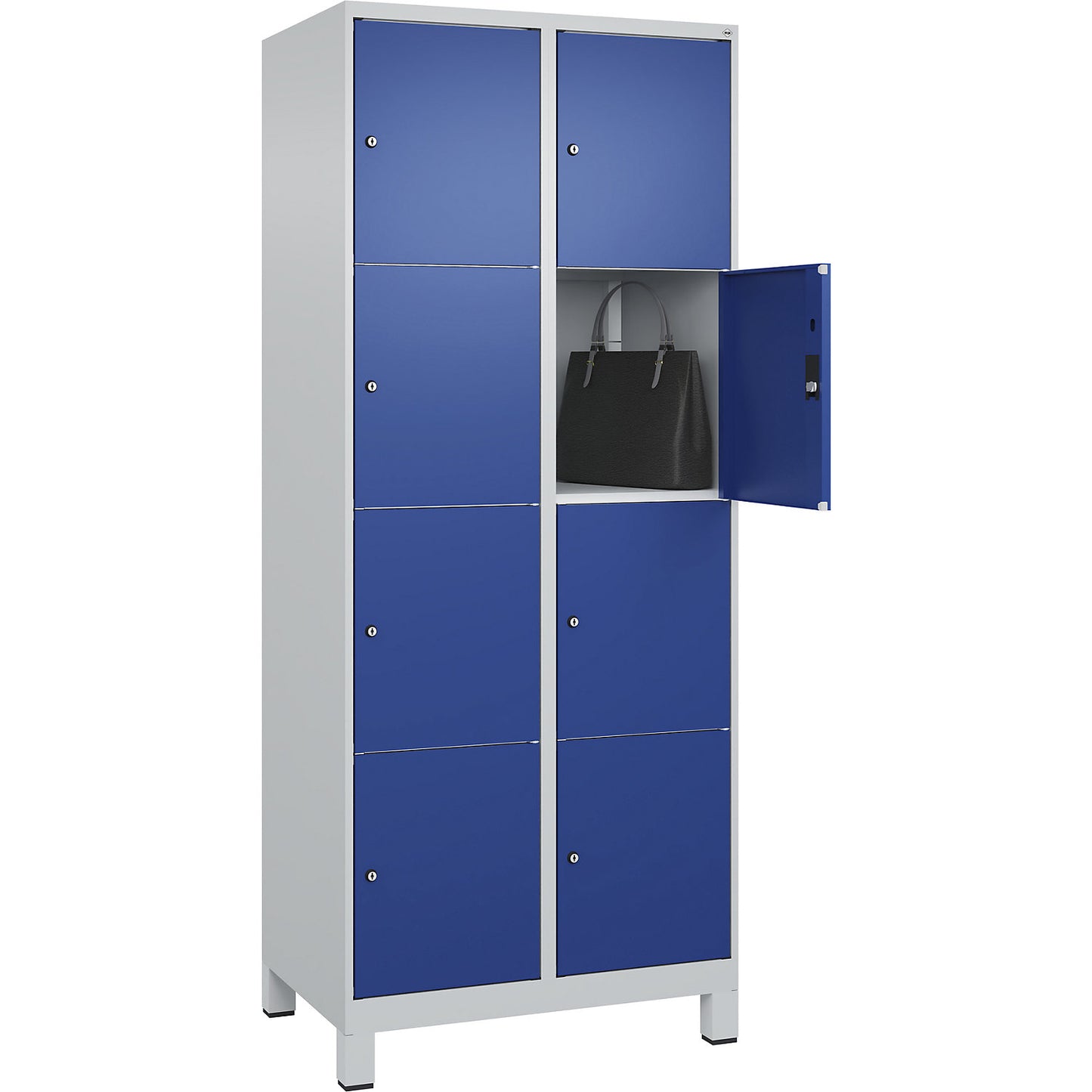 Classic PLUS 4-fold compartment locker, 2 compartments, light grey/gentian blue, W 800 mm, 8 compartments, with feet.