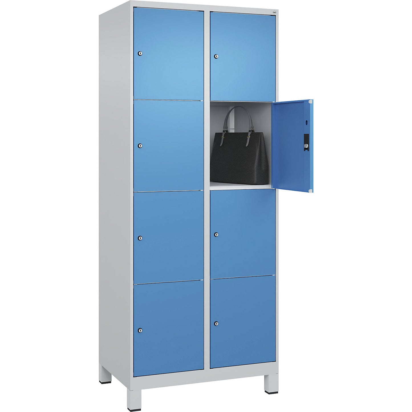 Classic PLUS 4-fold compartment locker, 2 compartments, light grey/light blue, W 800 mm, 8 compartments, with feet.