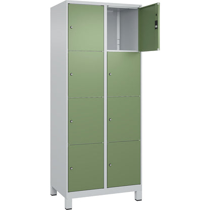 Classic PLUS 4-fold compartment locker, 2 compartments, light grey/reseda green, W 800 mm, 8 compartments, with feet.
