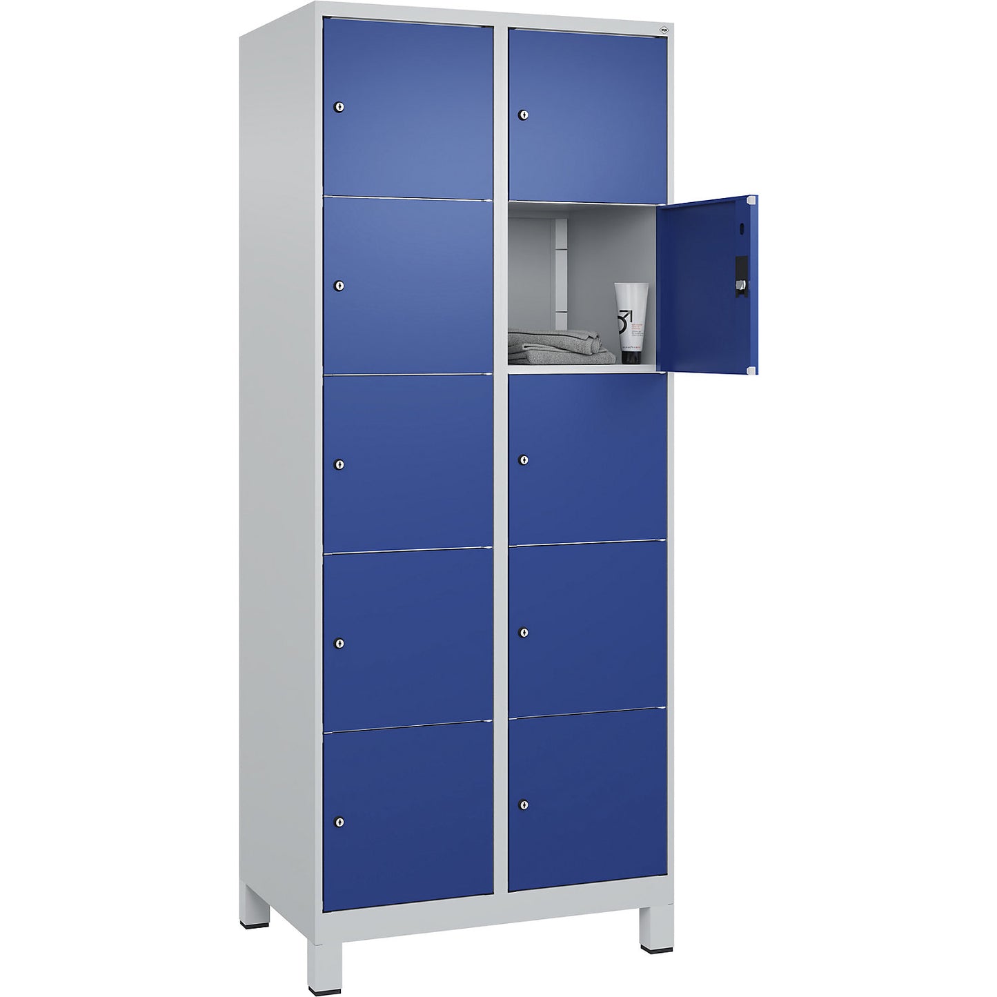 Classic PLUS 5-fold compartment locker, 2 compartments, light grey/gentian blue, W 800 mm, 10 compartments, with feet.