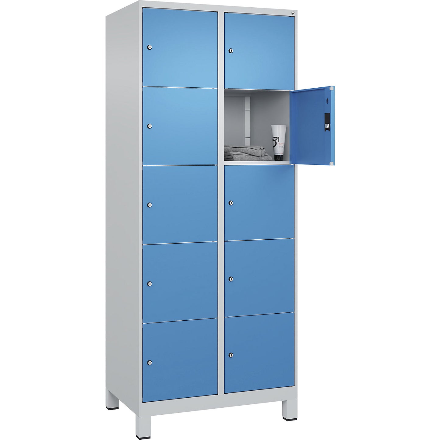 Classic PLUS 5-fold compartment locker, 2 compartments, light grey/light blue, W 800 mm, 10 compartments, with feet.