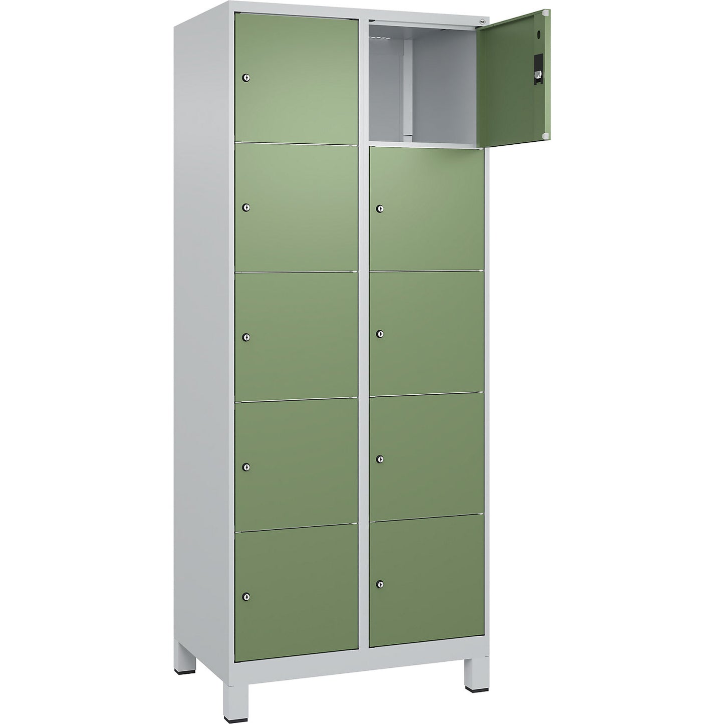 Classic PLUS 5-fold compartment locker, 2 compartments, light grey/reseda green, W 800 mm, 10 compartments, with feet.
