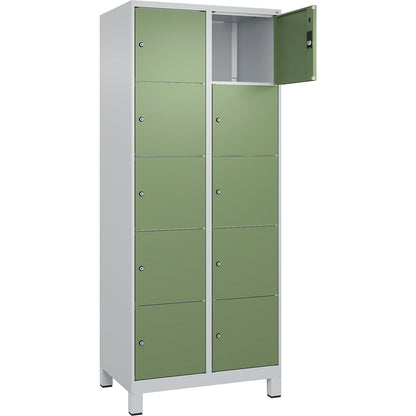 Classic PLUS 5-fold compartment locker, 2 compartments, light grey/reseda green, W 800 mm, 10 compartments, with feet.
