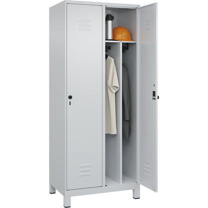 Classic PLUS clean and dirty clothes locker, narrow, 2 compartments, shortened centre divider, light grey, W 800 mm, with feet, rotary bolt, centre partition.