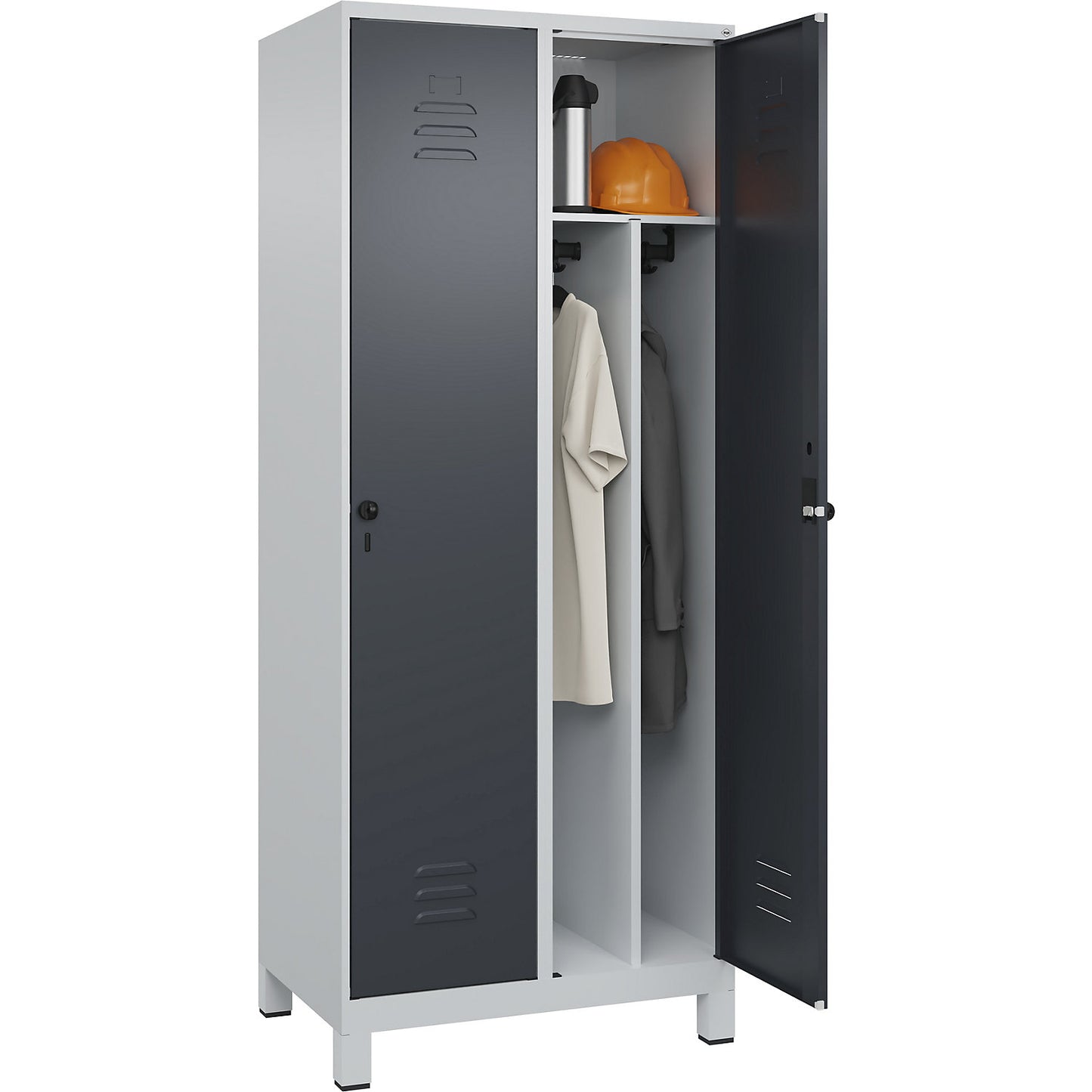 Classic PLUS clean and dirty clothes locker, narrow, 2 compartments, shortened centre divider, light grey/grey, W 800 mm, with feet, rotary bolt, centre partition.