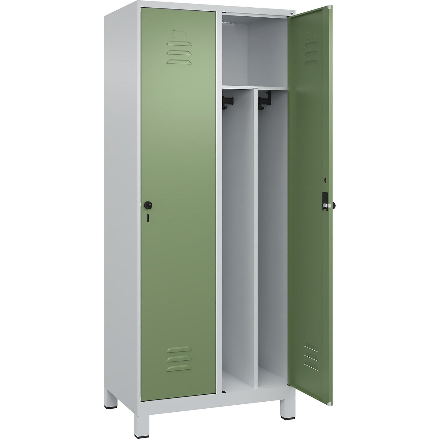 Classic PLUS clean and dirty clothes locker, narrow, 2 compartments, shortened centre divider, light grey/reseda green, W 800 mm, with feet, rotary bolt, centre partition.