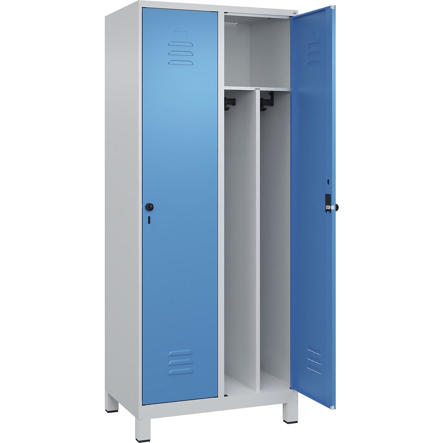 Classic PLUS clean and dirty clothes locker, narrow, 2 compartments, shortened centre divider, light grey/light blue, W 800 mm, with feet, rotary bolt, centre partition.