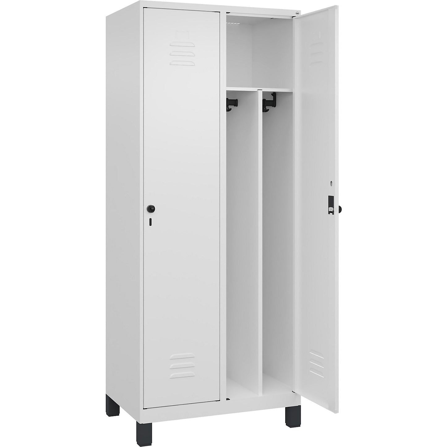 Classic PLUS clean and dirty clothes locker, narrow, 2 compartments, shortened centre divider, traffic white, W 800 mm, with feet, rotary bolt, centre partition.