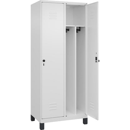 Classic PLUS clean and dirty clothes locker, narrow, 2 compartments, shortened centre divider, traffic white, W 800 mm, with feet, rotary bolt, centre partition.