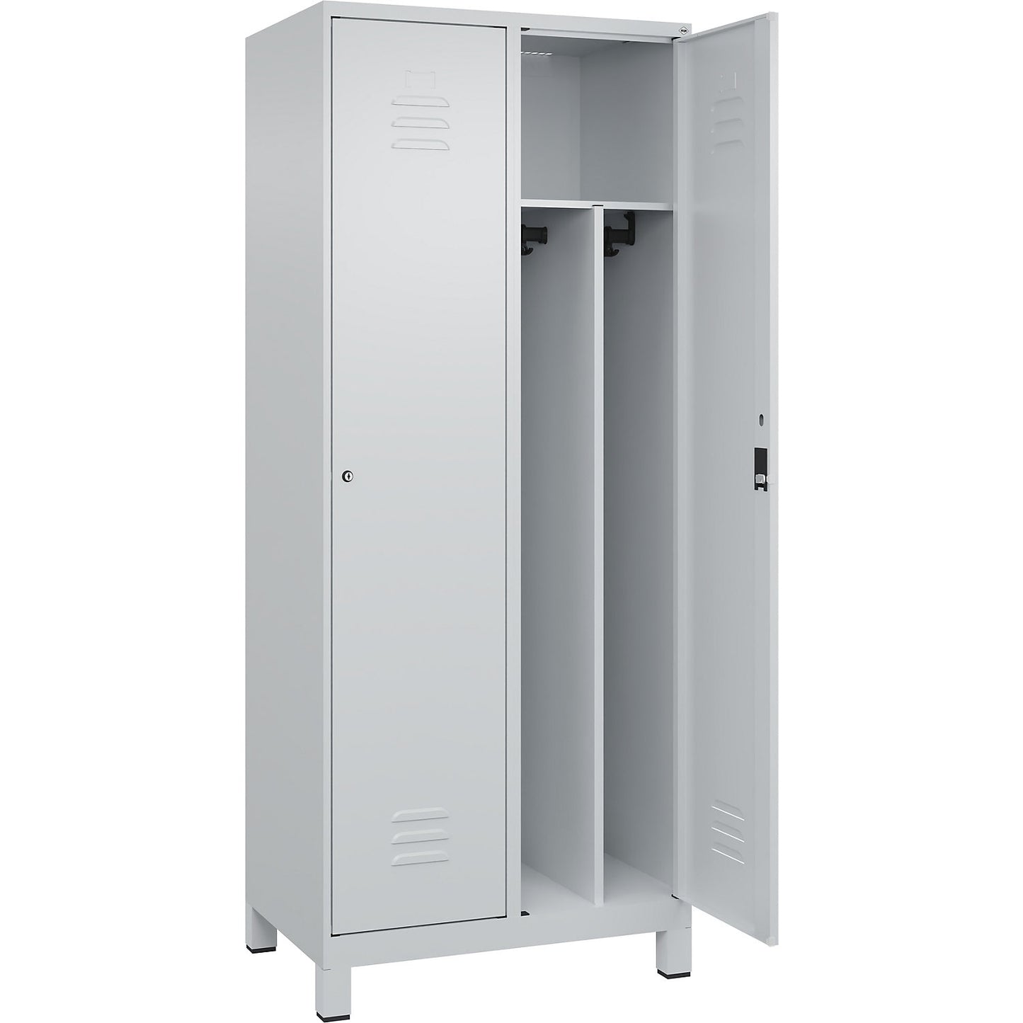 Classic PLUS clean and dirty clothes locker, narrow, 2 compartments, shortened centre divider, light grey, W 800 mm, with feet, cylinder lock, centre partition.
