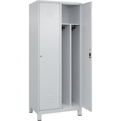 Classic PLUS clean and dirty clothes locker, narrow, 2 compartments, shortened centre divider, light grey, W 800 mm, with feet, cylinder lock, centre partition.