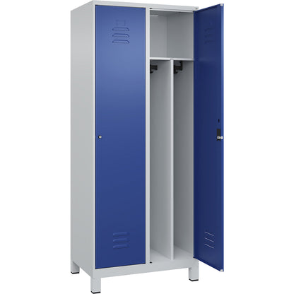 Classic PLUS clean and dirty clothes locker, narrow, 2 compartments, shortened centre divider, light grey/gentian blue, W 800 mm, with feet, cylinder lock, centre partition.