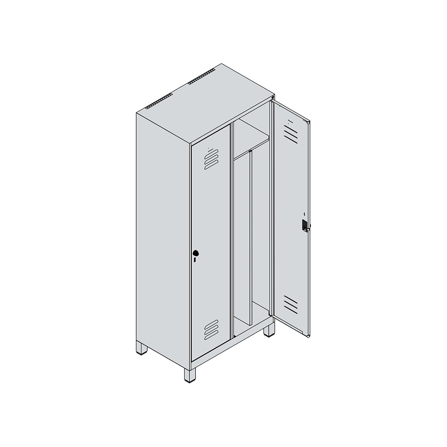 Classic PLUS clean and dirty clothes locker, narrow, 2 compartments, shortened centre divider, light grey/grey, W 800 mm, with feet, rotary bolt, centre partition.