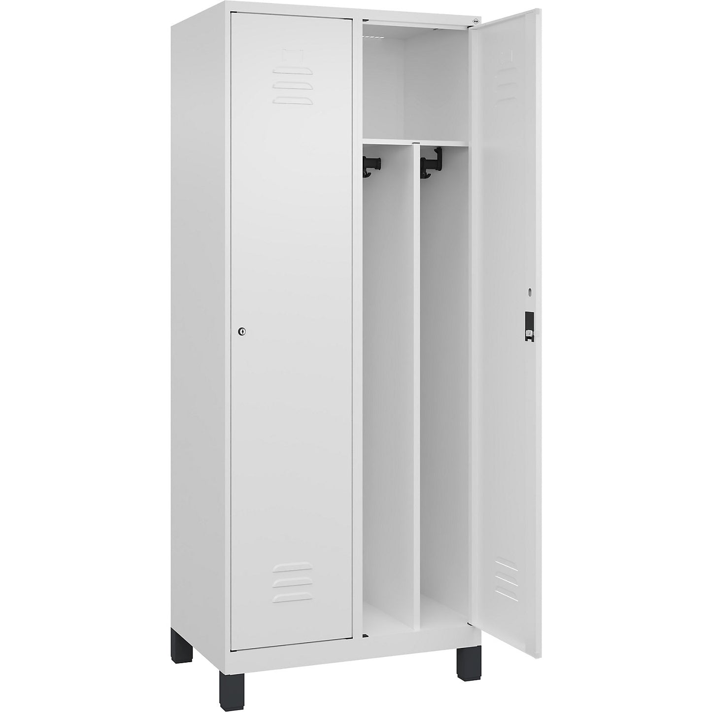 Classic PLUS clean and dirty clothes locker, narrow, 2 compartments, shortened centre divider, traffic white, W 800 mm, with feet, cylinder lock, centre partition.