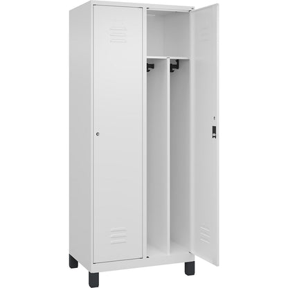 Classic PLUS clean and dirty clothes locker, narrow, 2 compartments, shortened centre divider, traffic white, W 800 mm, with feet, cylinder lock, centre partition.