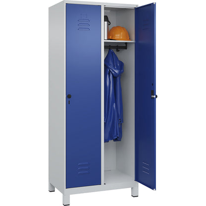 Classic PLUS clothes locker, 2 compartments, light grey/gentian blue, W 800 mm, with feet, rotary bolt.
