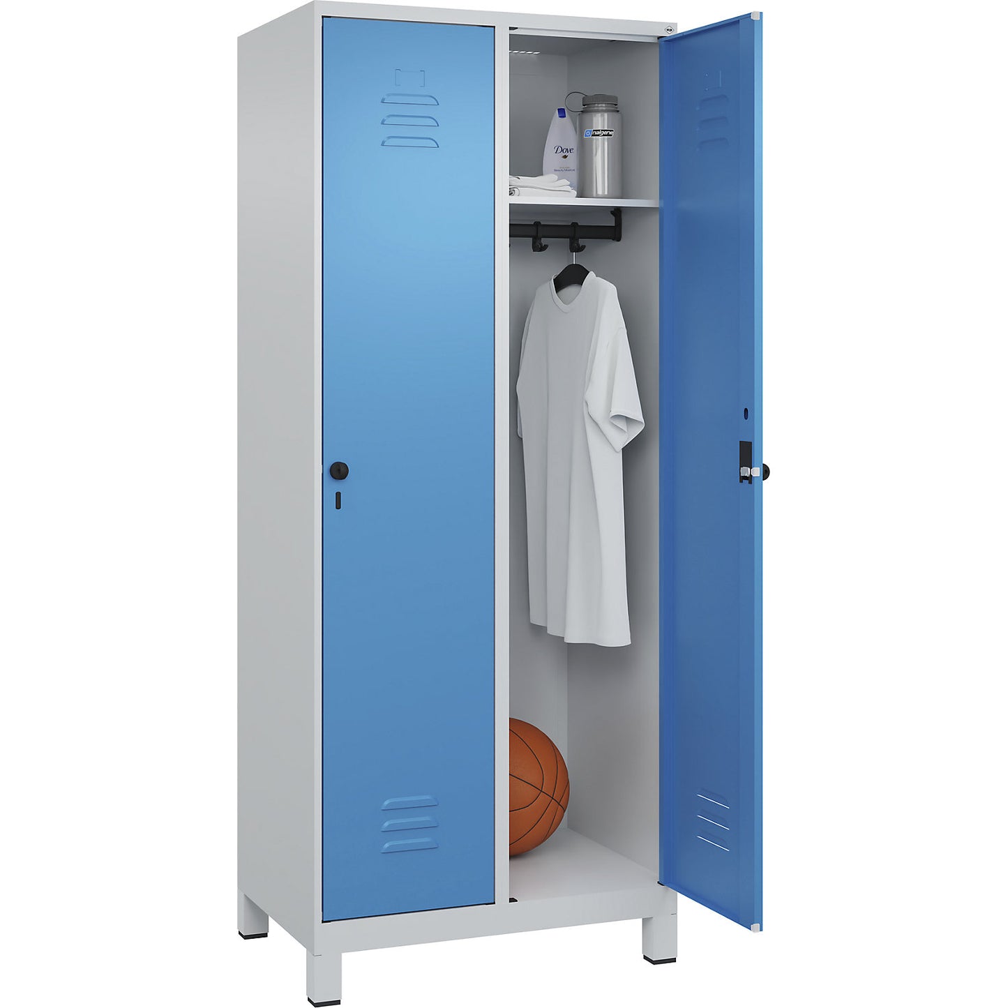 Classic PLUS clothes locker, 2 compartments, light grey/light blue, W 800 mm, with feet, rotary bolt.