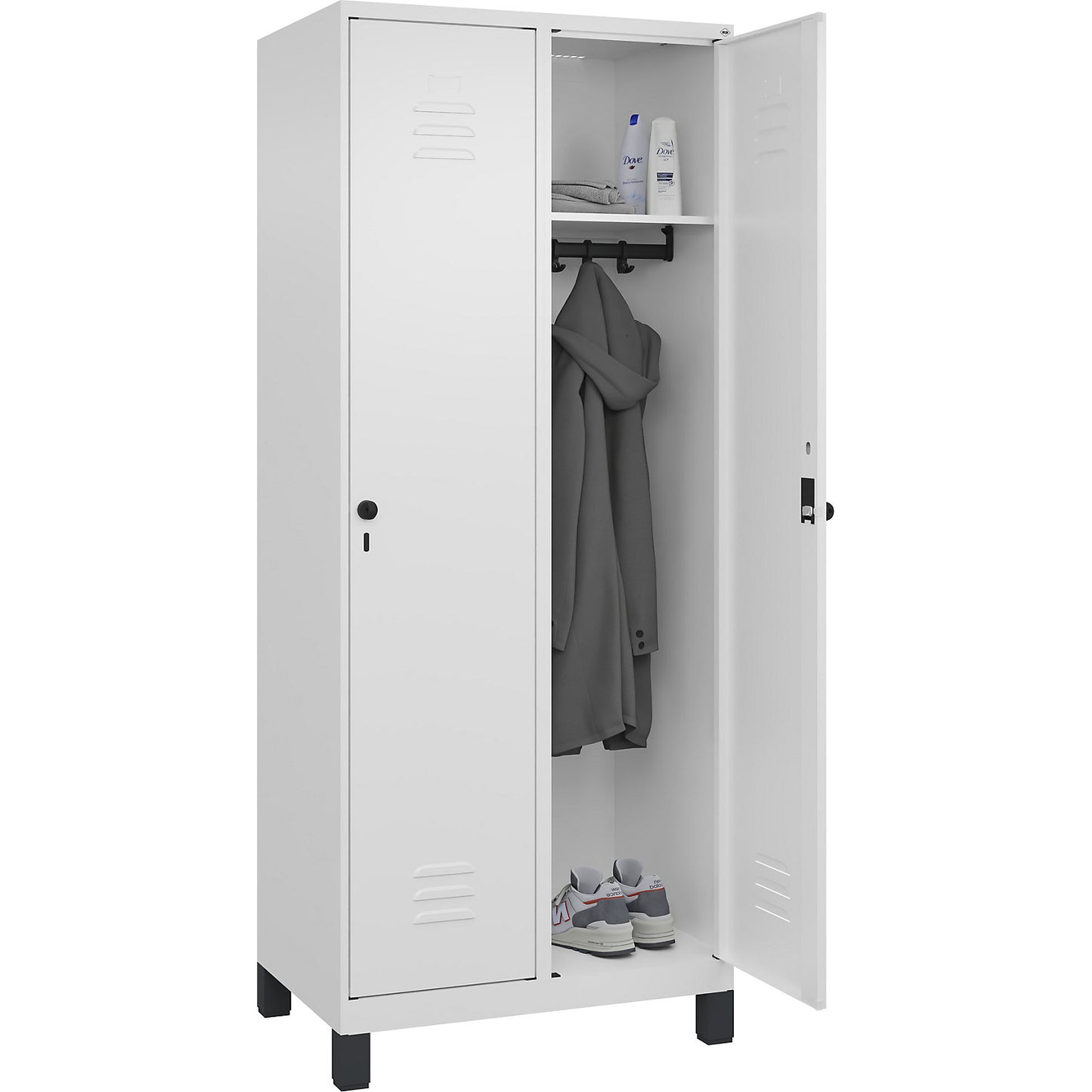 Classic PLUS clothes locker, 2 compartments, traffic white, W 800 mm, with feet, rotary bolt.