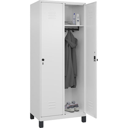 Classic PLUS clothes locker, 2 compartments, traffic white, W 800 mm, with feet, rotary bolt.