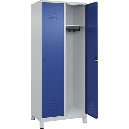 Classic PLUS clothes locker, 2 compartments, light grey/gentian blue, W 800 mm, with feet, cylinder lock.